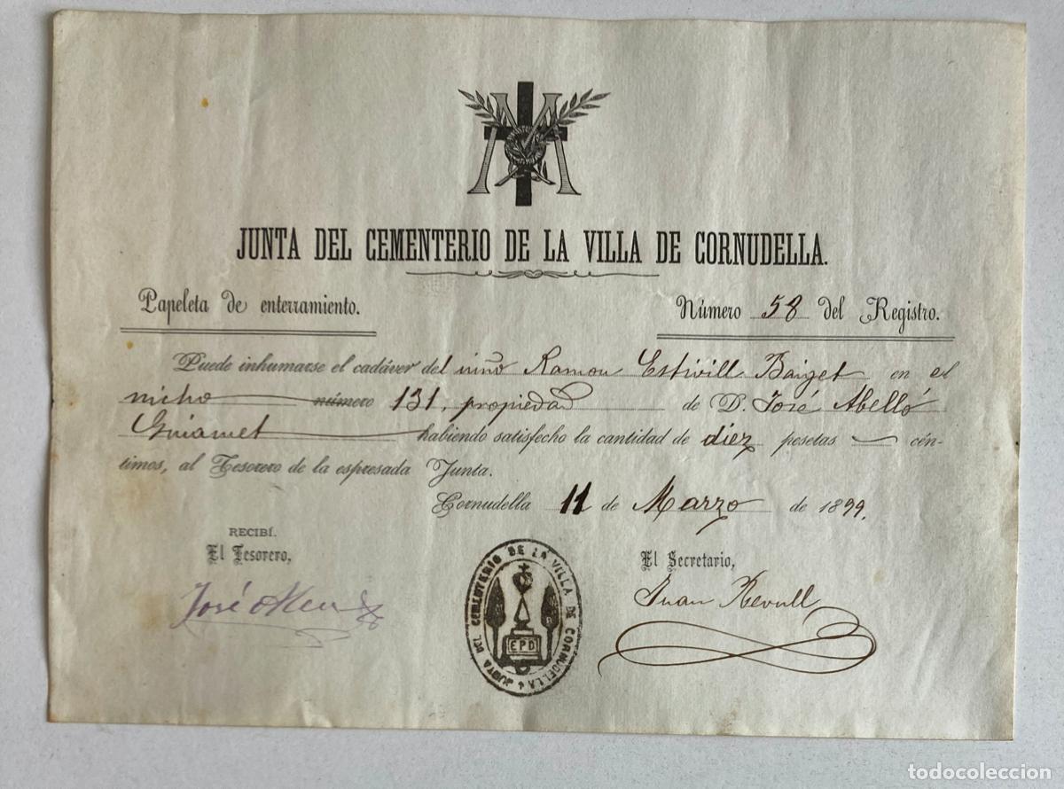 Documentos antiguos: JUNTA DEL CEMENTERIO DE LA VILLA DE CORNUDELLA ( Tarragona ) - PAPELETA DE ENTERRAMIENTO 1899