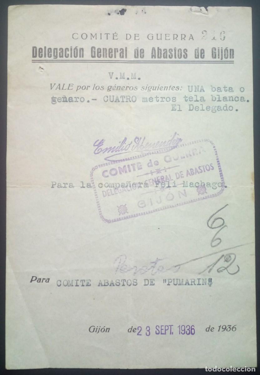 Documentos antiguos: ASTURIAS. Vale de la guerra civil para el comit&eacute; de abastos de Pumar&iacute;n. Gij&oacute;n. 23 septiembre 1936