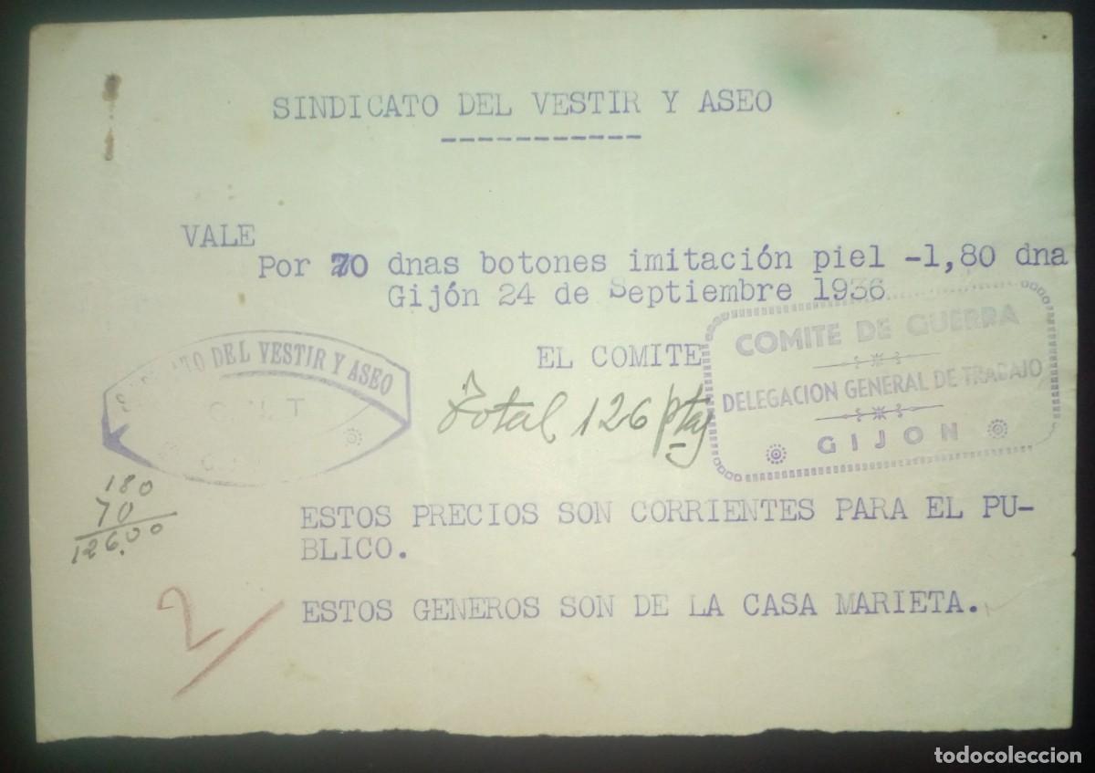 Documentos antiguos: ASTURIAS. Vale del sindicato del vestir y aseo. CNT. Gij&oacute;n. 24 setiembre 1936. Guerra civil