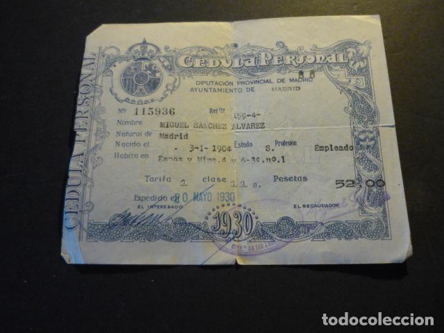 Documentos antiguos: MADRID CEDULA PERSONAL 1930 SELLOS ELECCIONES - Foto 1