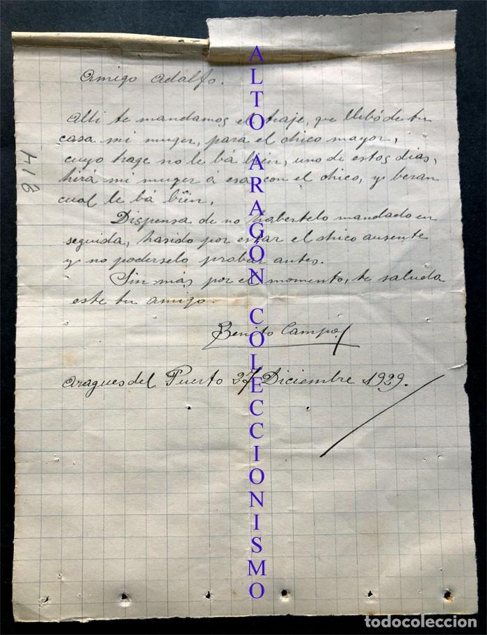 Documentos antiguos: BENITO CAMPO DE ARAG&Uuml;&Eacute;S DEL PUERTO, EN 1929, DEVUELVE TRAJE A COMERCIO DE JACA / HUESCA - Foto 1