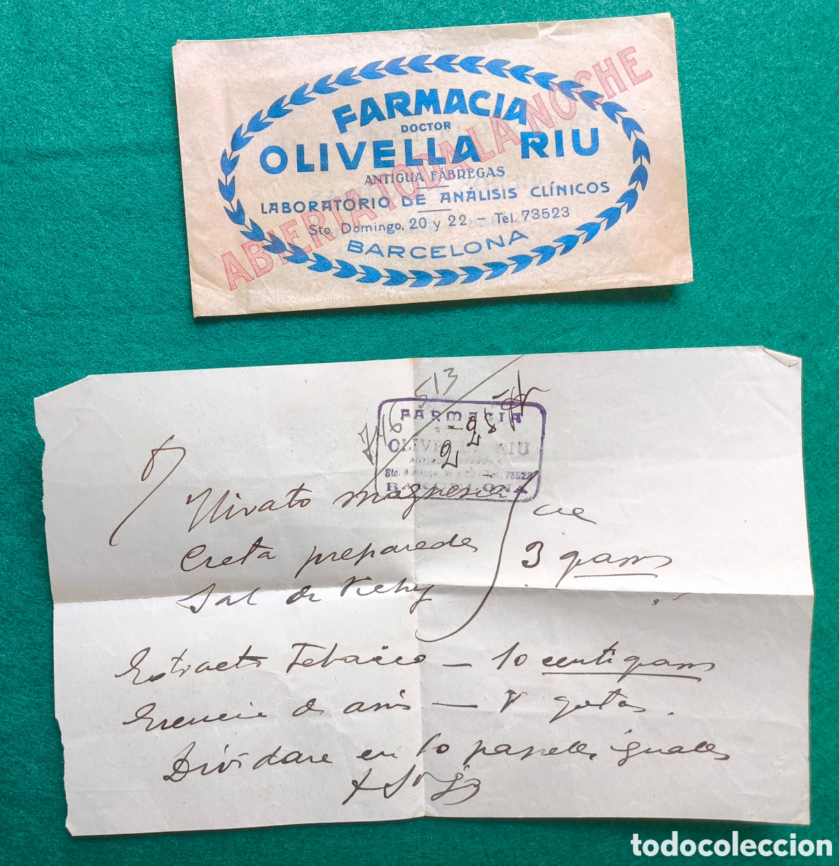 Documentos antigos: FARM&Agrave;CIA OLIVELLA RIU RECETA BARCELONA 1932