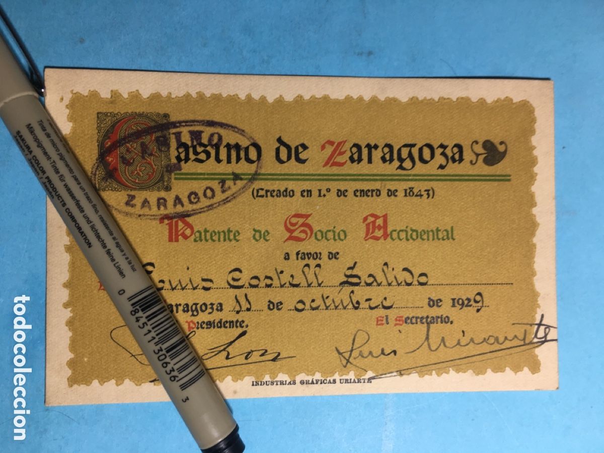 Documentos antiguos: 1929 11/10 CASINO DE ZARAGOZA TARJETA PATENTE DE SOCIO ACCIDENTAL A FAVOR DE D. LUIS...............