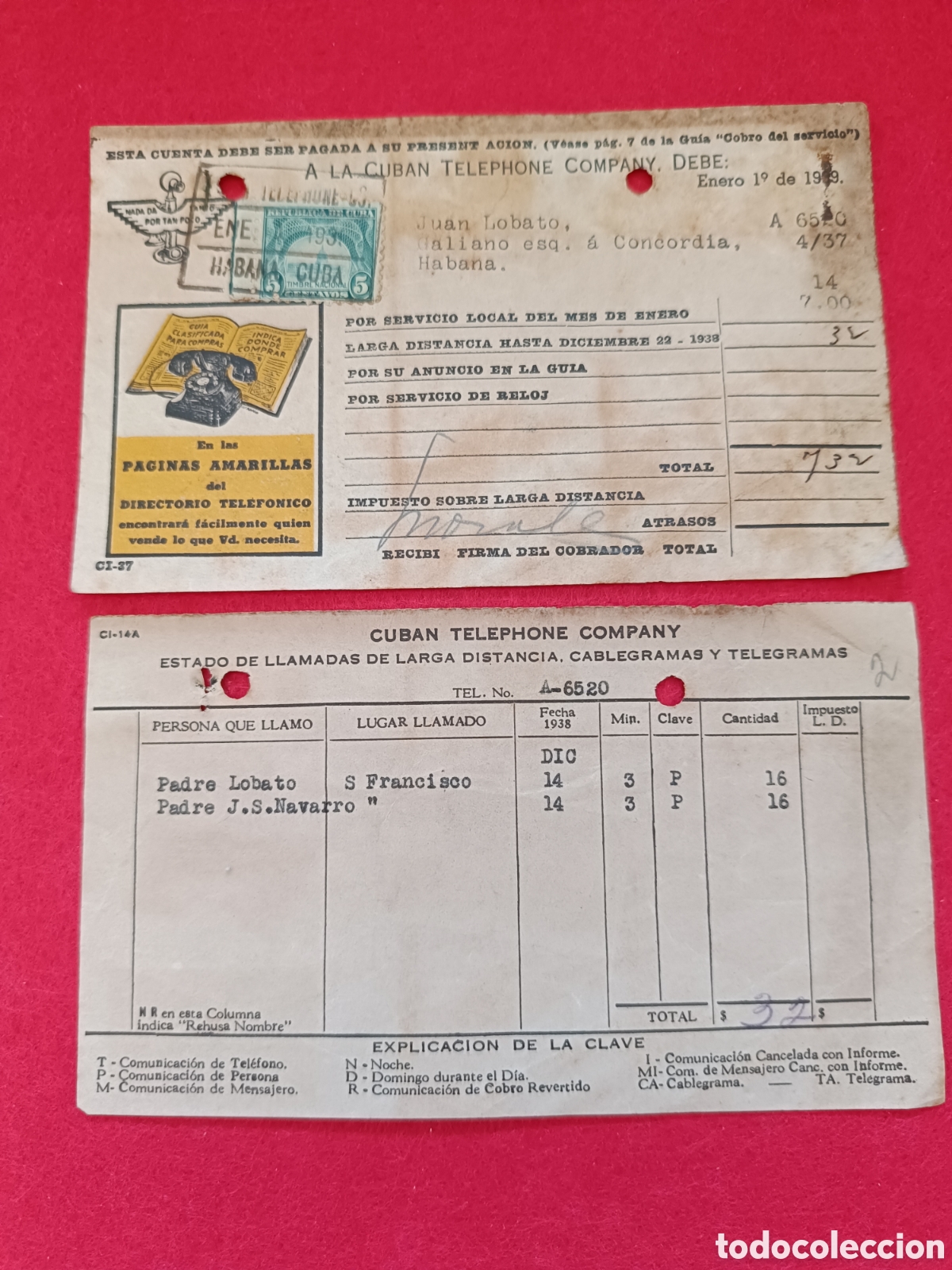Documentos antiguos: Recibo de la Compa&ntilde;&iacute;as Telef&oacute;nica de Cuba 1939 - Foto 2