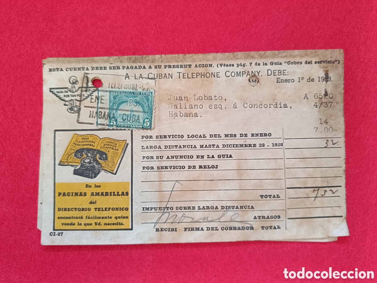 Documentos antiguos: Recibo de la Compa&ntilde;&iacute;as Telef&oacute;nica de Cuba 1939 - Foto 1