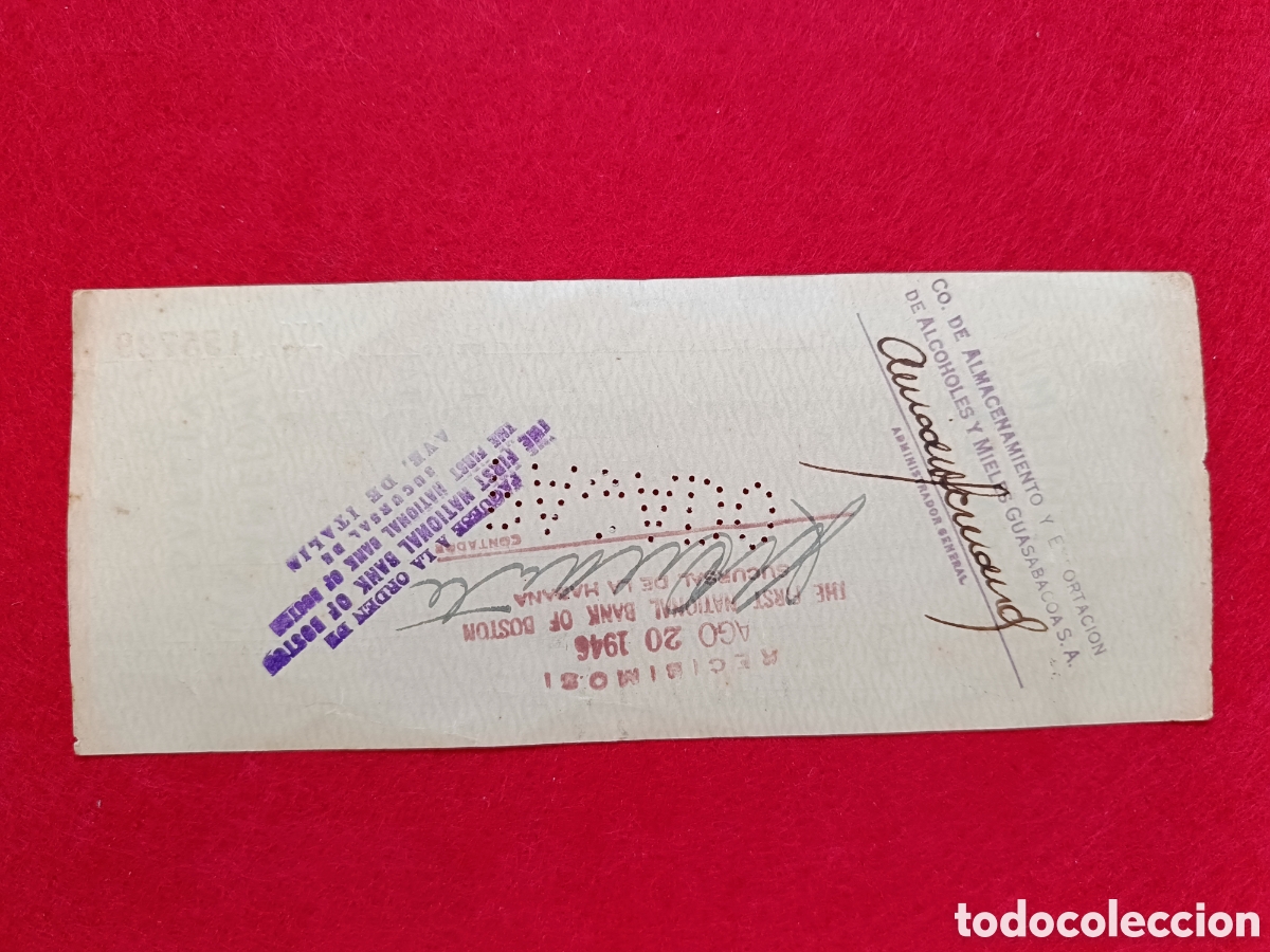 Documentos antiguos: Cheque Jacinto Pedroso Co. Aguiar 305. A&ntilde;o 1946. Cuba - Foto 2