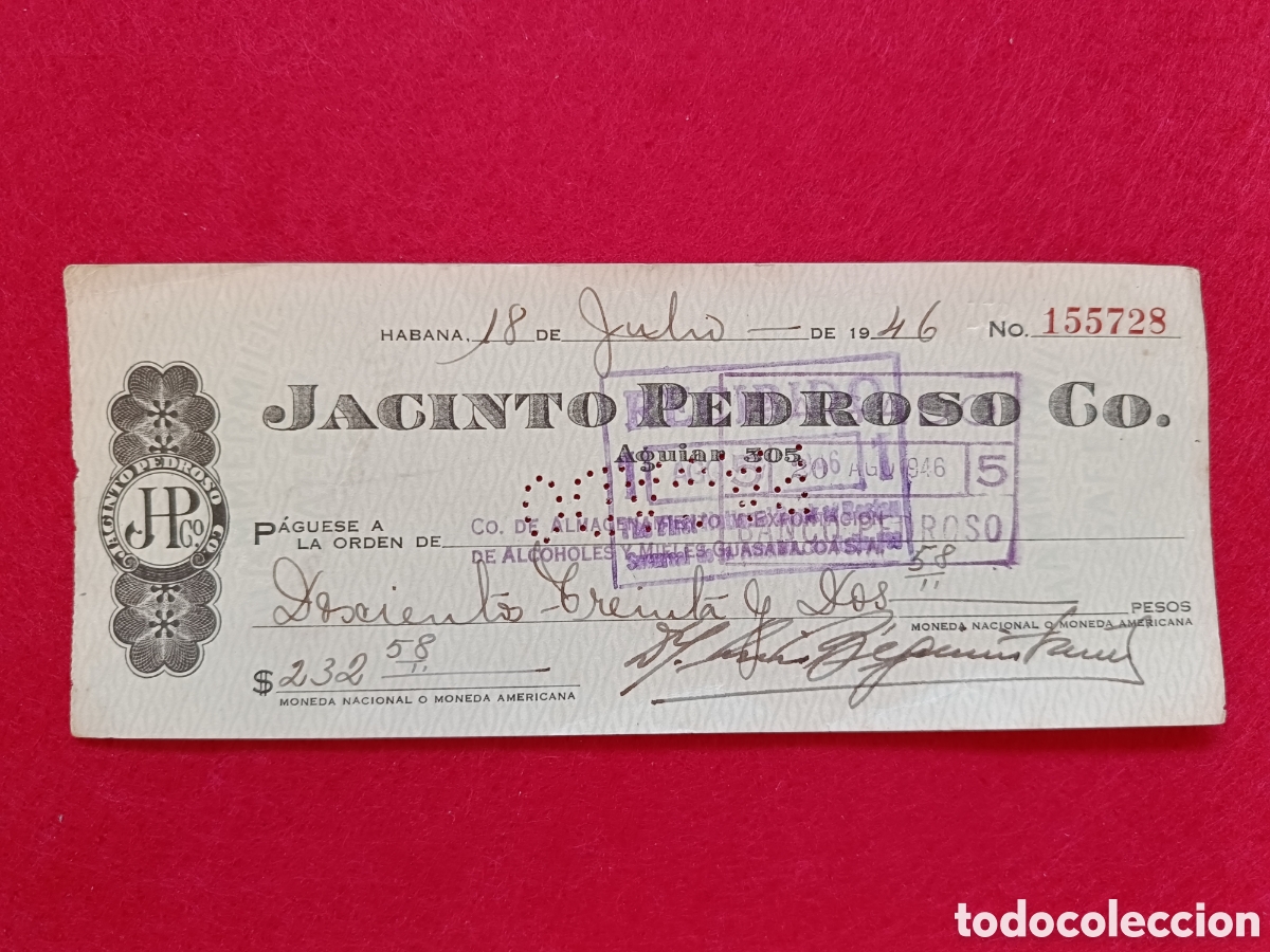 Documentos antiguos: Cheque Jacinto Pedroso Co. Aguiar 305. A&ntilde;o 1946. Cuba - Foto 1