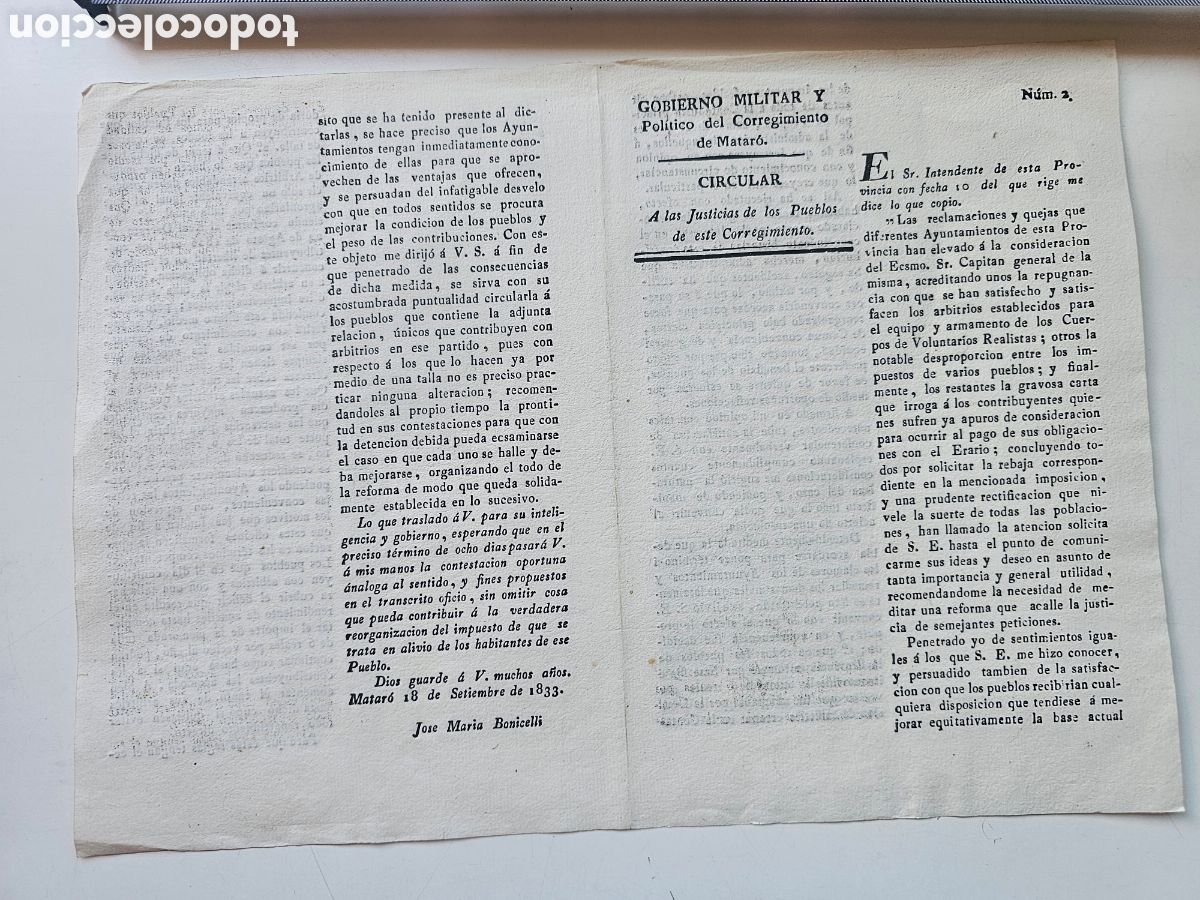Documents Anciens: Documento de Matar&oacute; de 1833 circular 2 arbitrio armamento voluntarios realistas
