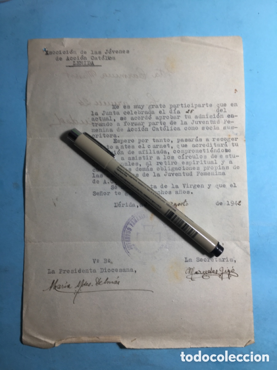 Documentos antiguos: 1942 LLEIDA ASOCIACI&Oacute;N DE LAS J&Oacute;VENES DE ACCI&Oacute;N CAT&Oacute;LICA CARTA COMUNICANDO ADMISI&Oacute;N Y DEBERES