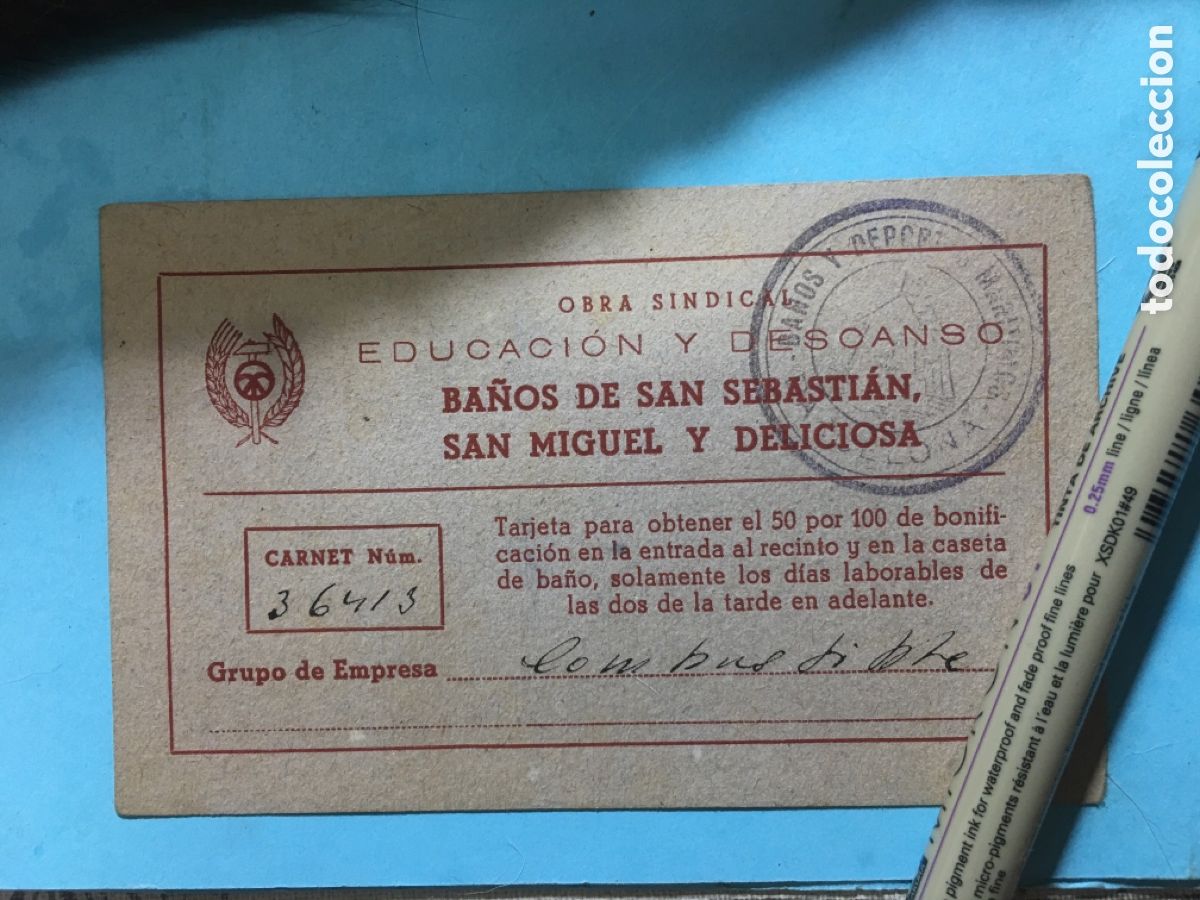 Documentos antiguos: ANTIGUA TARJETA OBRA SINDICAL EDUCACI&Oacute;N Y DESCANSO 50% DTO. BA&Ntilde;OS S. SEBASTI&Aacute;N S. MIGUEL Y DELICIOSA
