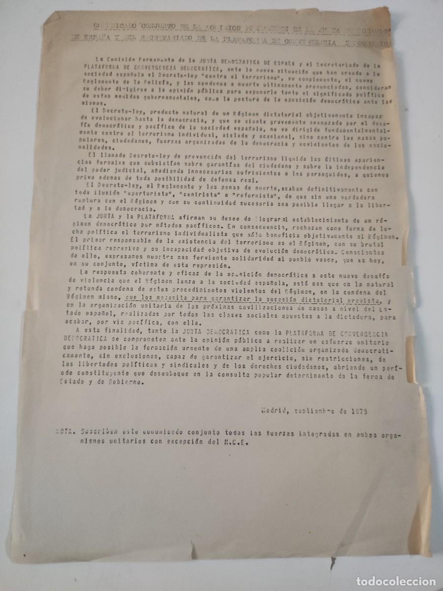 Documentos antiguos: Documento pol&iacute;tico: 1975. Plataforma de la Convergencia Democr&aacute;tica - Foto 1