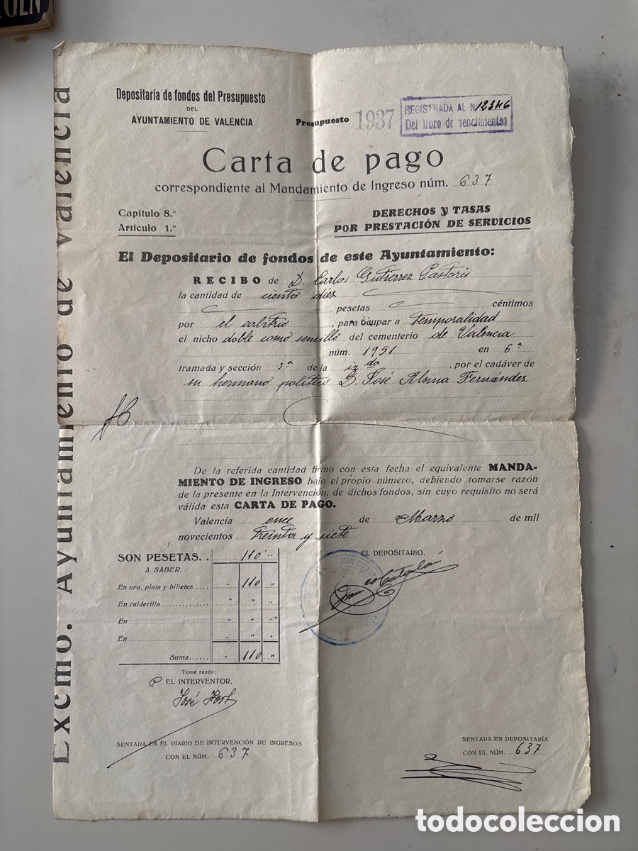 Documents Anciens: DEPOSITAR&Iacute;A DE FONDOS AYTO. DE VALENCIA. CARTA DE PAGO. 11 MARZO 1937.