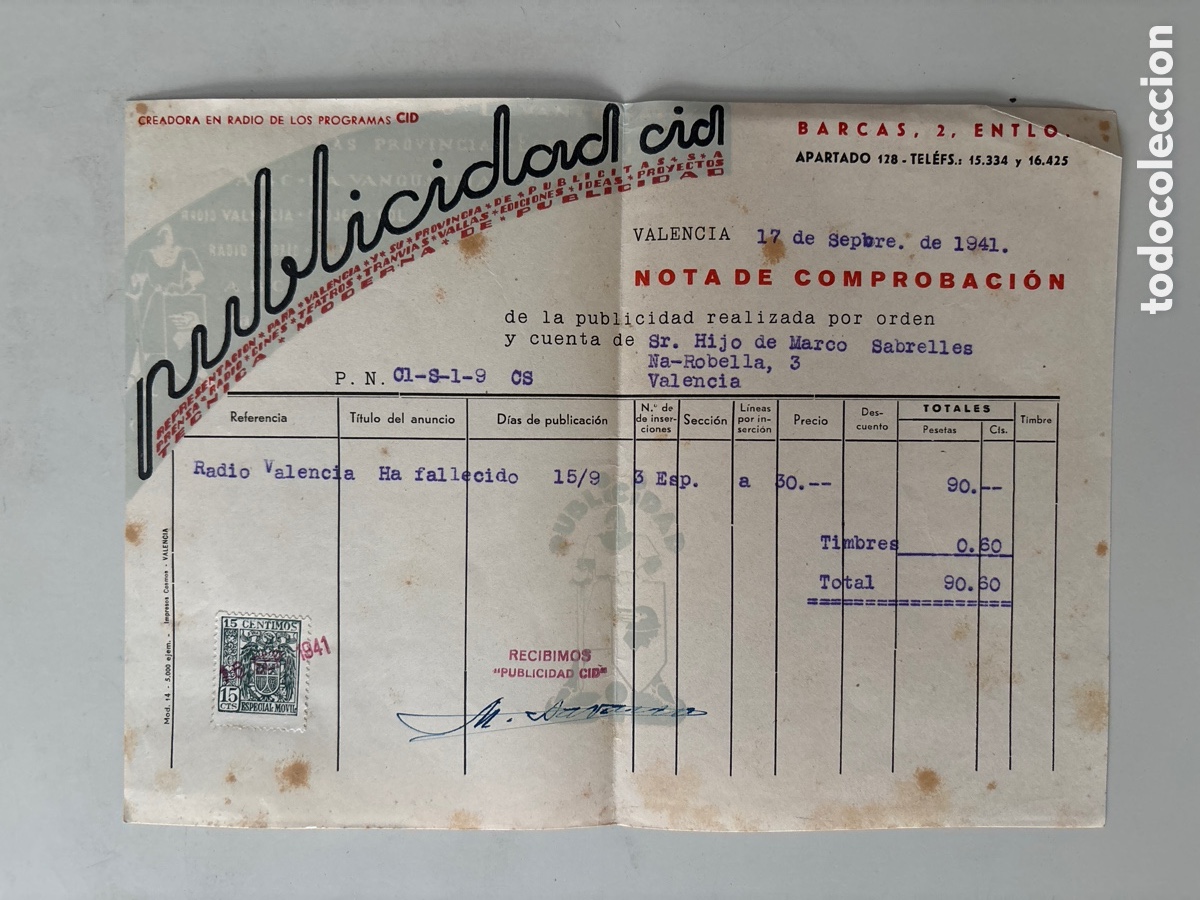 Documents Anciens: PUBLICIDAD CID. NOTA DE COMPROBACI&Oacute;N. VALENCIA, 17 SEPTIEMBRE 1941.
