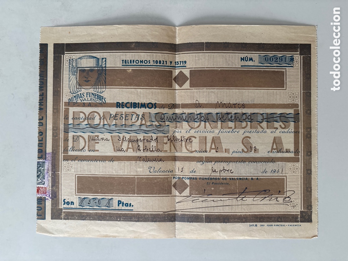 Documents Anciens: POMPAS F&Uacute;NEBRES DE VALENCIA, S. A. 15 SEPTIEMBRE 1941.