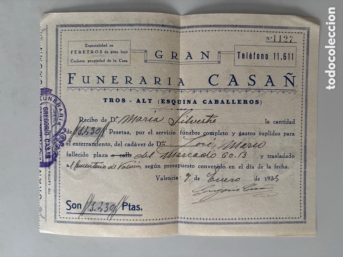 Documents Anciens: GRAN FUNERARIA CASA&Ntilde;. TROS-ALT (ESQUINA CABALLEROS). VALENCIA, 9 ENERO 1934. SOBRE COMERCIAL.