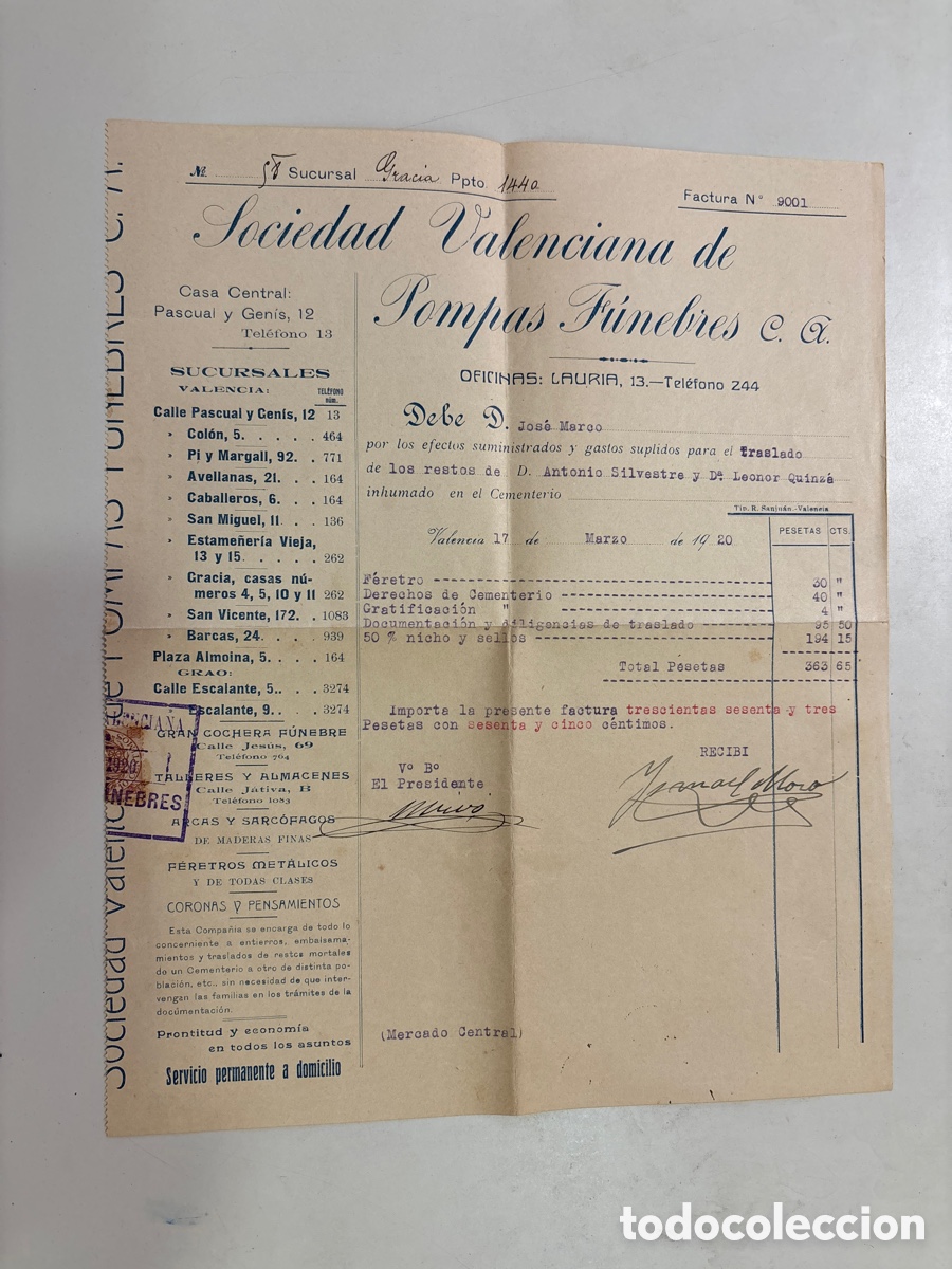 Documents Anciens: SOCIEDAD VALENCIANA DE POMPAS F&Uacute;NEBRES C. A. VALENCIA, 17 MARZO 1920.