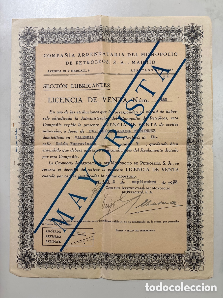 Documents Anciens: COMPA&Ntilde;&Iacute;A ARRENDATARIA DEL MONOPOLIO DE PETROLEOS, S. A. MADRID, 2 SEPTIEMBRE 1933.