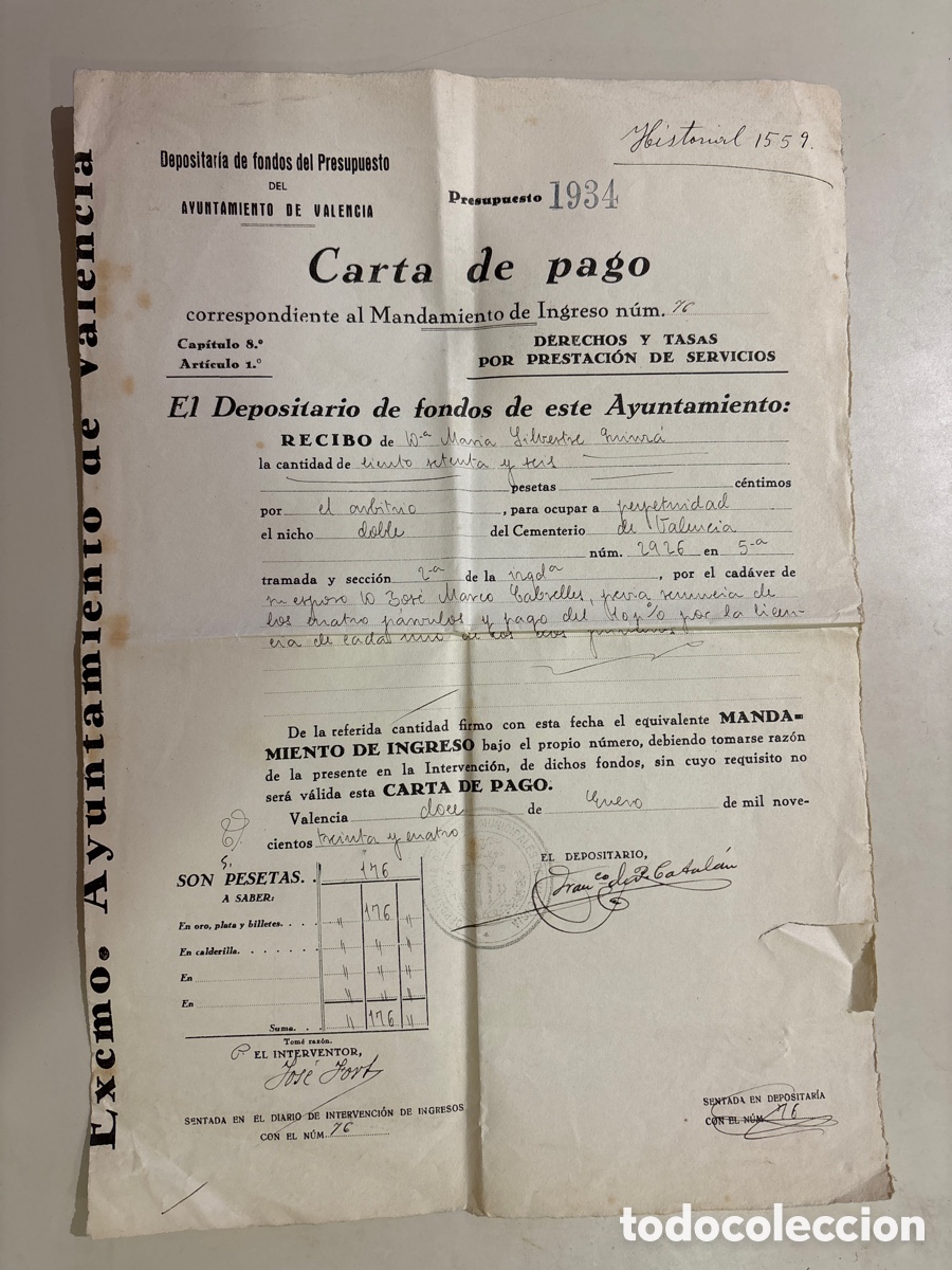 Documents Anciens: DEPOSITAR&Iacute;A FONDOS DEL PRESUPUESTO AYTO. VALENCIA. CARTA DE PAGO. VALENCIA, 12 ENERO 1934.