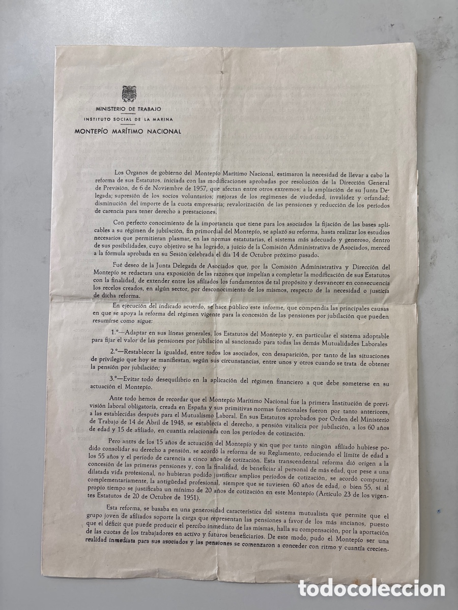 Documents Anciens: MINISTERIO DE TRABAJO. INSTITUTO SOCIAL DE LA MARINA. MONTEP&Iacute;O MAR&Iacute;TIMO NACIONAL. REFORMA ESTATUTOS,