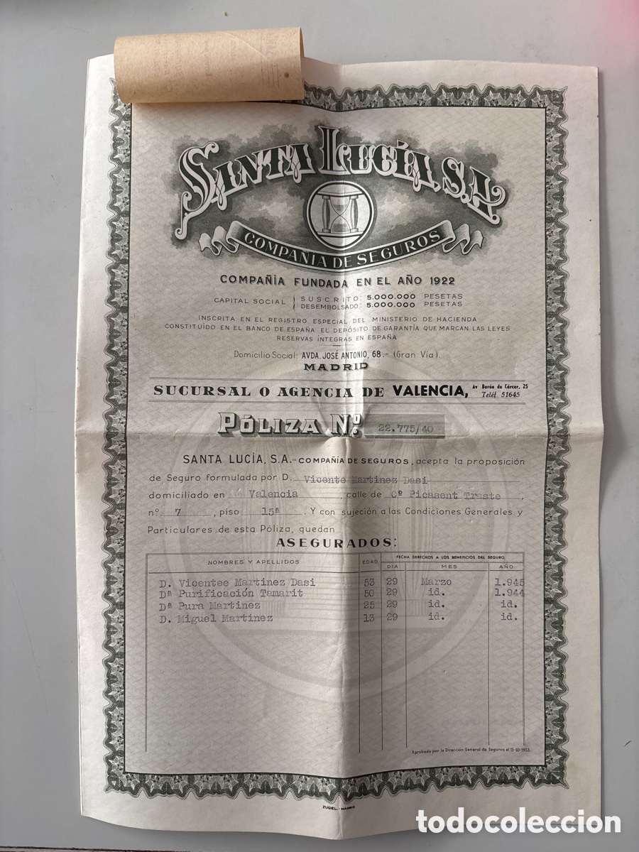 Documents Anciens: SANTA LUC&Iacute;A, S. A. SUCURSAL O AGENCIA DE VALENCIA. P&Oacute;LIZA. MADRID, 2 SEPT. 1956.