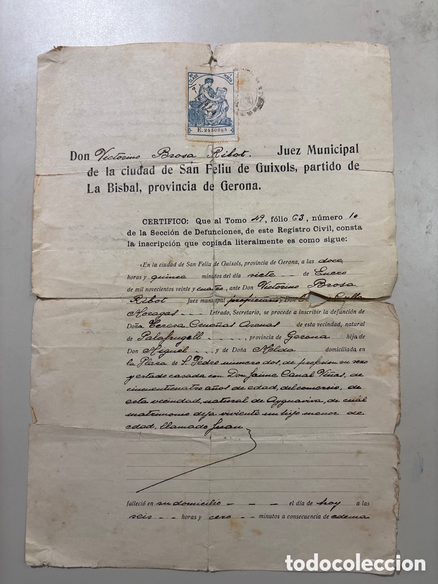 Documents Anciens: DOC. JUEZ MUNICIPAL DE LA CIUDAD DE SAN FELIU DE GUIXOLS, LA BISBAL, GIRONA. 10 ENERO 1924.