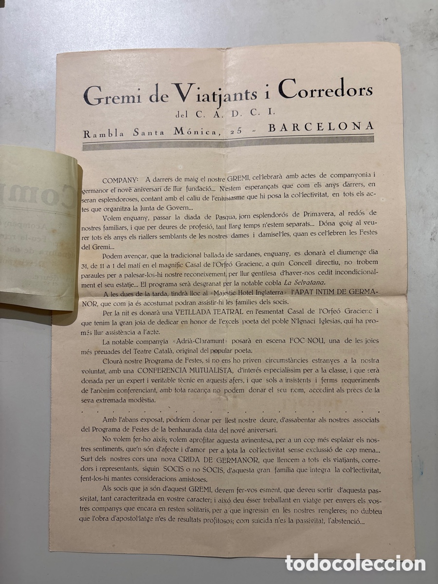 Documents Anciens: GREMI DE VIATJANTS I CORREDORS DEL C.A.D.C.I. BARCELONA. CRIDA DE GERMANOR. BARCELONA, MAIG 1925. RE