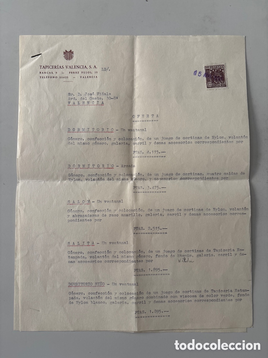 Documents Anciens: TAPICER&Iacute;AS VALENCIA, S. A. VALENCIA. PRESUPUESTO CLIENTE. 15 ABRIL 1958.