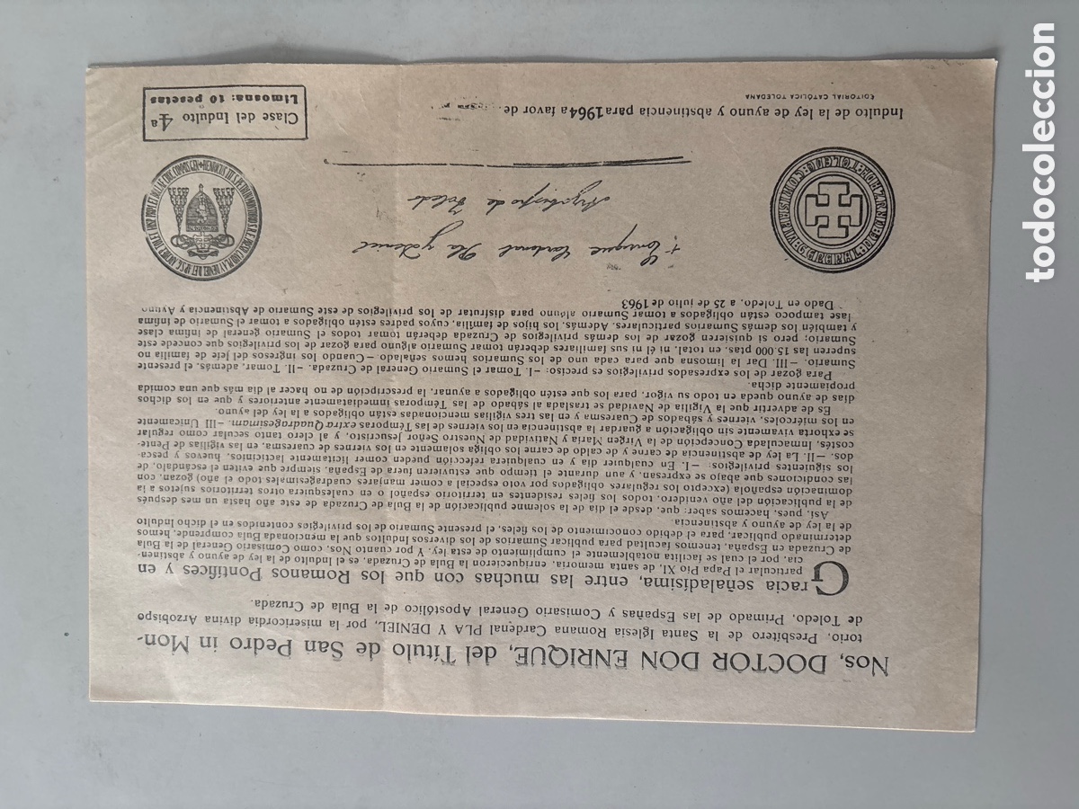 Old Documents: INDULTO DE LA LEY DE AYUNO Y ABSTINENCIA PARA 1964 A FAVOR DE&hellip;.. CLASE DE INDULTO 4&ordf;. LIMOSNA 10 PES