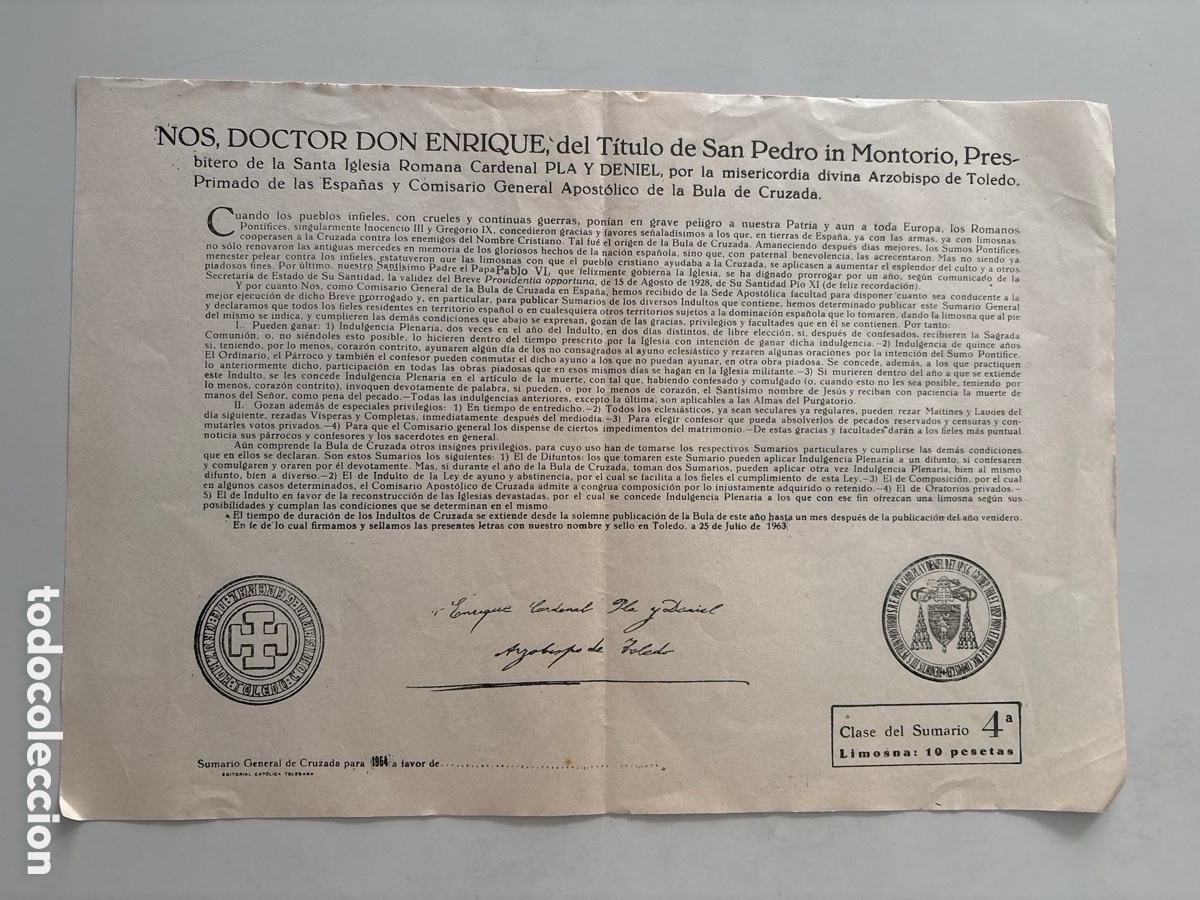 Old Documents: SUMARIO GENERAL DE CRUZADA PARA 1964 A FAVOR DE &hellip;. CLASE DE SUMARIO 4&ordf; LIMOSNA 10 PESETAS. EDITORIAL