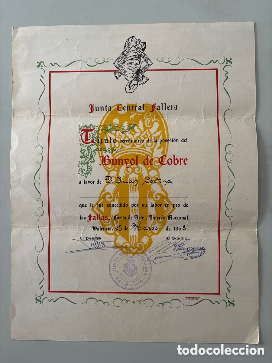 Old Documents: JUNTA CENTRAL FALLERA. VALENCIA. BUNYOL DE COBRE A FAVOR DE &hellip;. VALENCIA, 15 MARZO 1968.