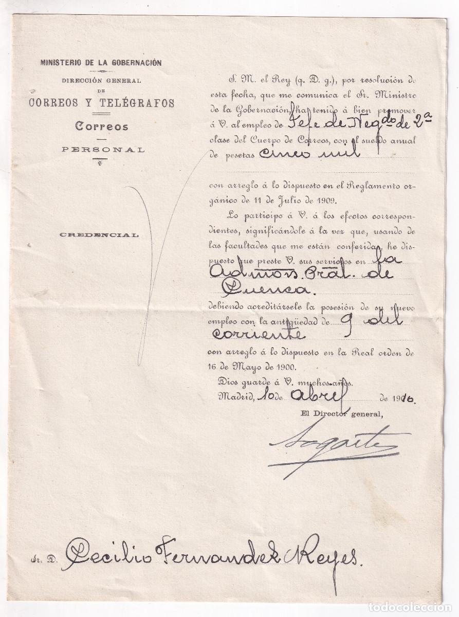 Documents Anciens: DOCUMENTO DE CORREOS. NOMBREMIENTO DE OFICIAL DE CORREOS EN CUENCA. 1910. FIRMA: SAGASTA