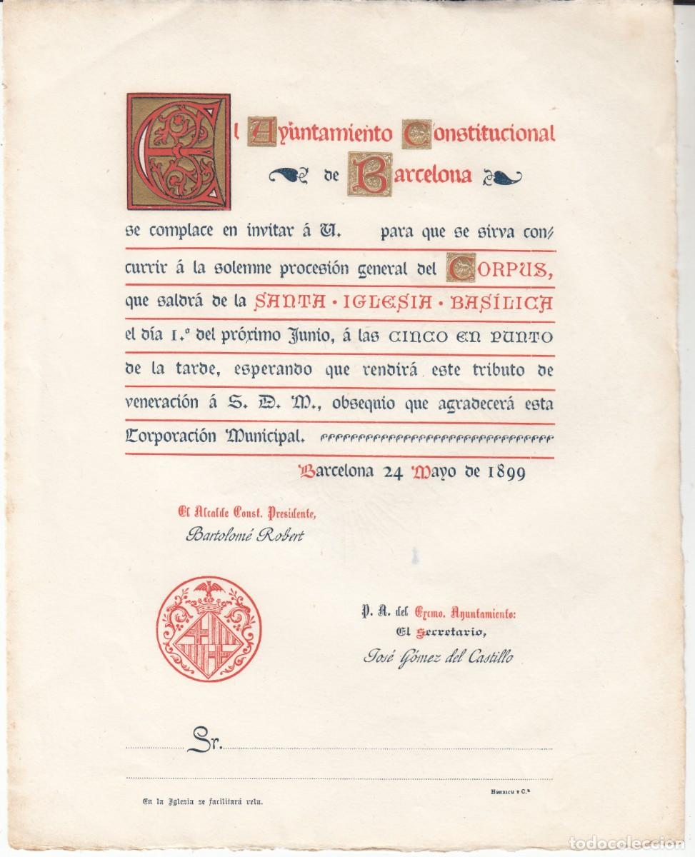 Documentos antiguos: 1899 - INVITACI&Oacute;N A LA PROCESI&Oacute;N DE CORPUS EN BARCELONA - Foto 1