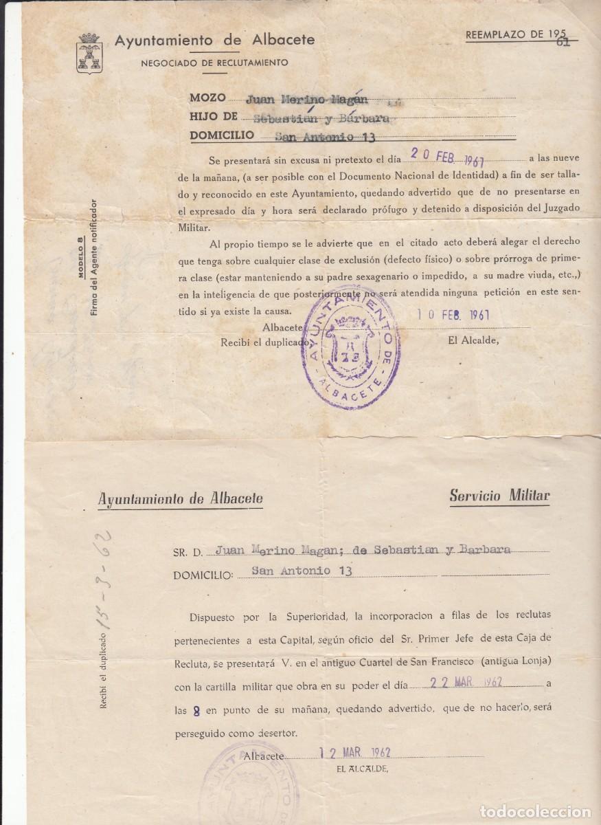 Documentos antiguos: 1961 -62 DOS COMUNICADOS NEGOCIADO DE RECLUTAMIENTO DEL AYUNTAMIENTO DE ALBACETE