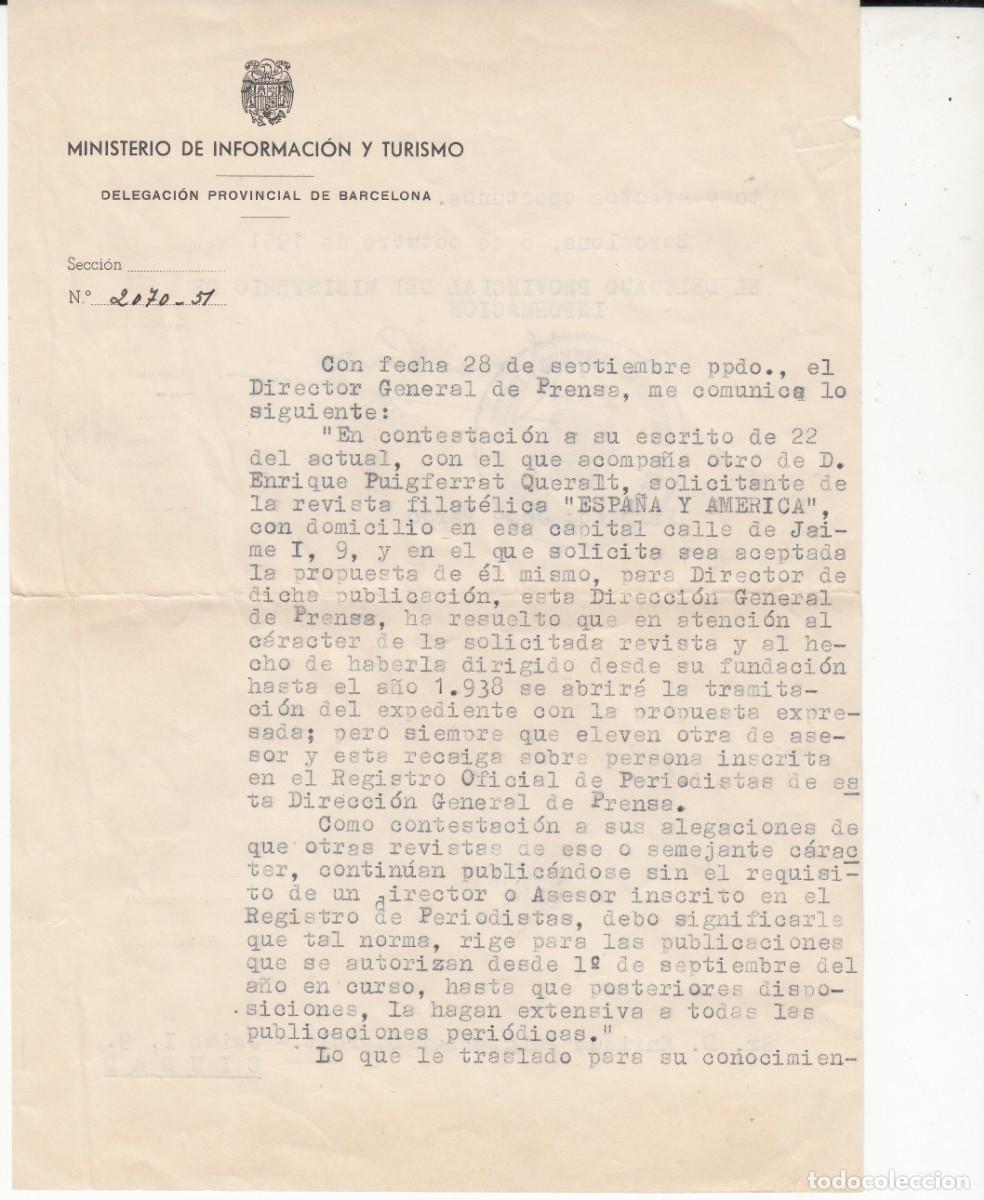 Documentos antiguos: 1951 COMUNICADO EXPLICANDO TR&Aacute;MITE A REALIZAR PARA VOLVER A EDITAR LA REVISTA FILAT&Eacute;LICA ESPA&Ntilde;A Y AM