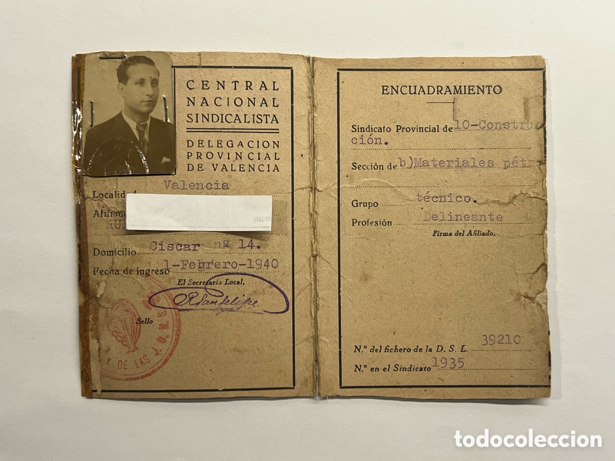 Old Documents: CNS. Central Nacional Sindicalista. Sindicato Construcci&oacute;n. Delineante.. Valencia (a.1940)