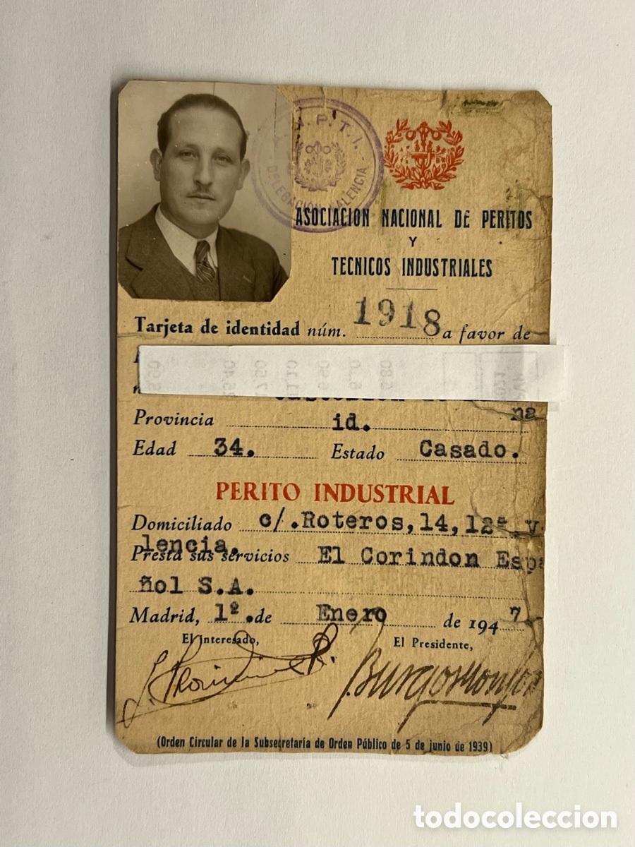 Old Documents: VALENCIA. Carnet ASOCIACION NACIONAL DE PERITOS TECNICOS INDUSTRIALES (a.1947)