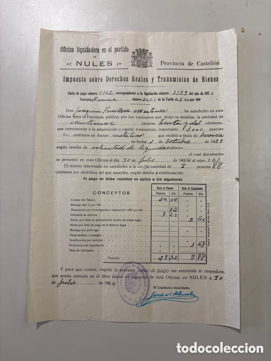 Old Documents: OFICINA LIQUIDADORA EN EL PARTIDO DE NULES, CASTELL&Oacute;N. IMPUESTO SOBRE DERECHOS REALES Y TRANSMISI&Oacute;N