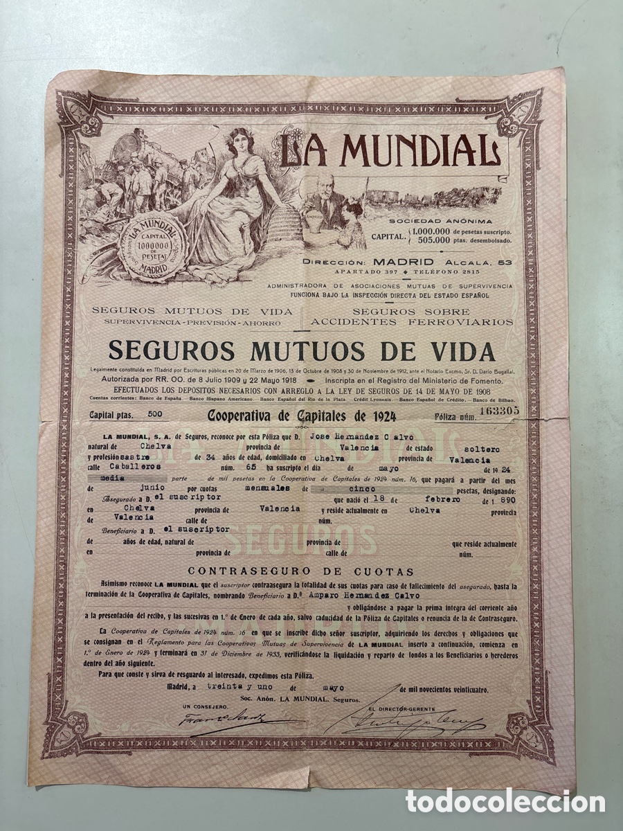 Old Documents: LA MUNDIAL. SEGUROS MUTUOS DE VIDA. MADRID, 31 MAYO 1924.