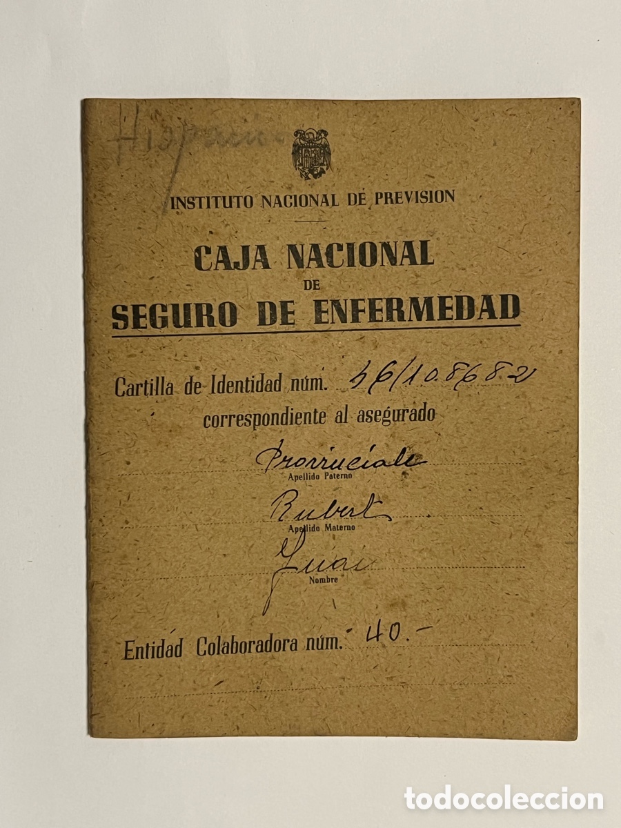 Documentos antigos: VALENCIA. Caja Nacional de Seguro de Enfermedad. Cartilla de Identidad (a.1944)