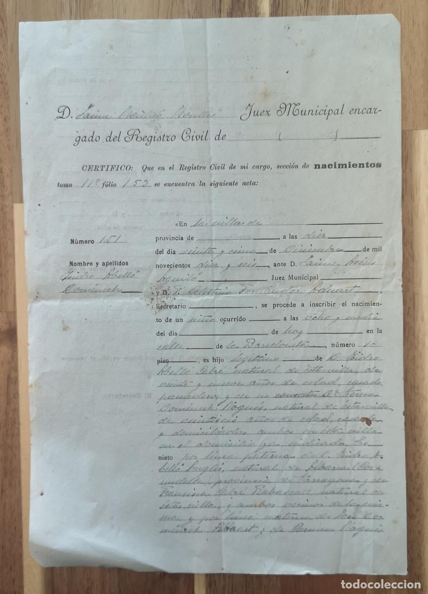 Documentos antiguos: REGISTRO DE NACIMIENTOS y REGISTRO CIVIL del municipio de PORRERA ( Tarragona ) 1916
