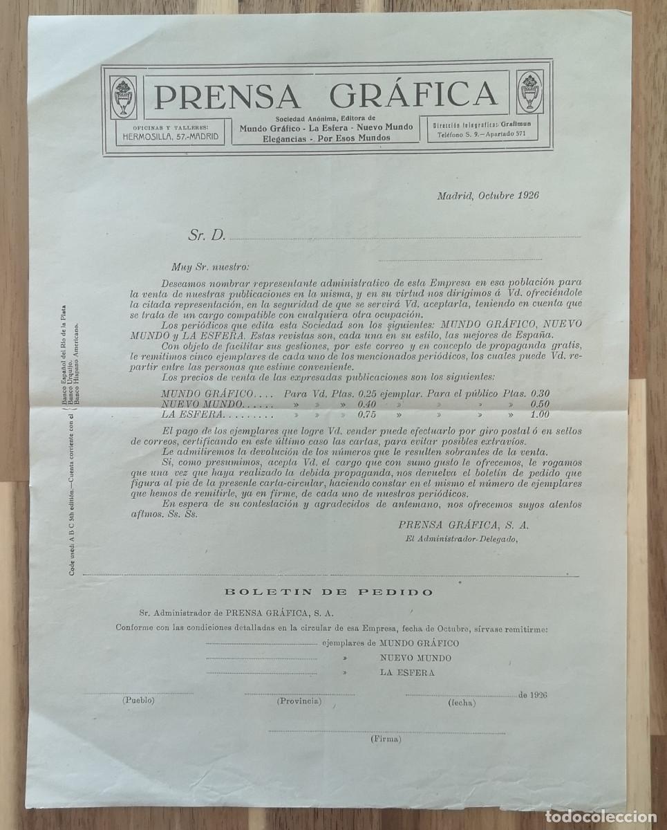 Documentos antiguos: PRENSA GR&Aacute;FICA ( Madrid ) 1926 - Bolet&iacute;n de Pedido ( sin rellenar )