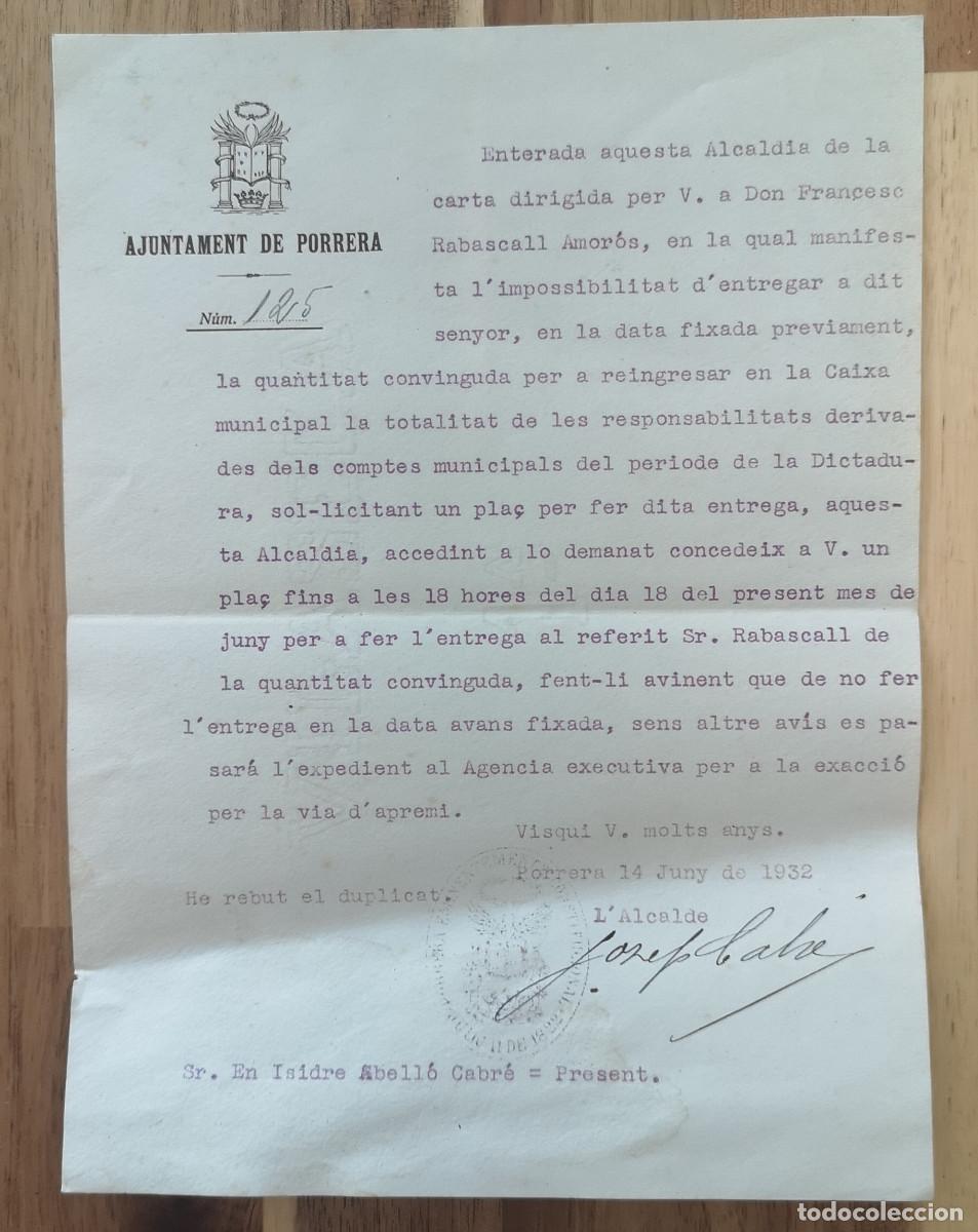 Documentos antiguos: AJUNTAMENT DE PORRERA ( Tarragona ) 1932 - Ingres de les Responsabilitats derivades de la dictadura