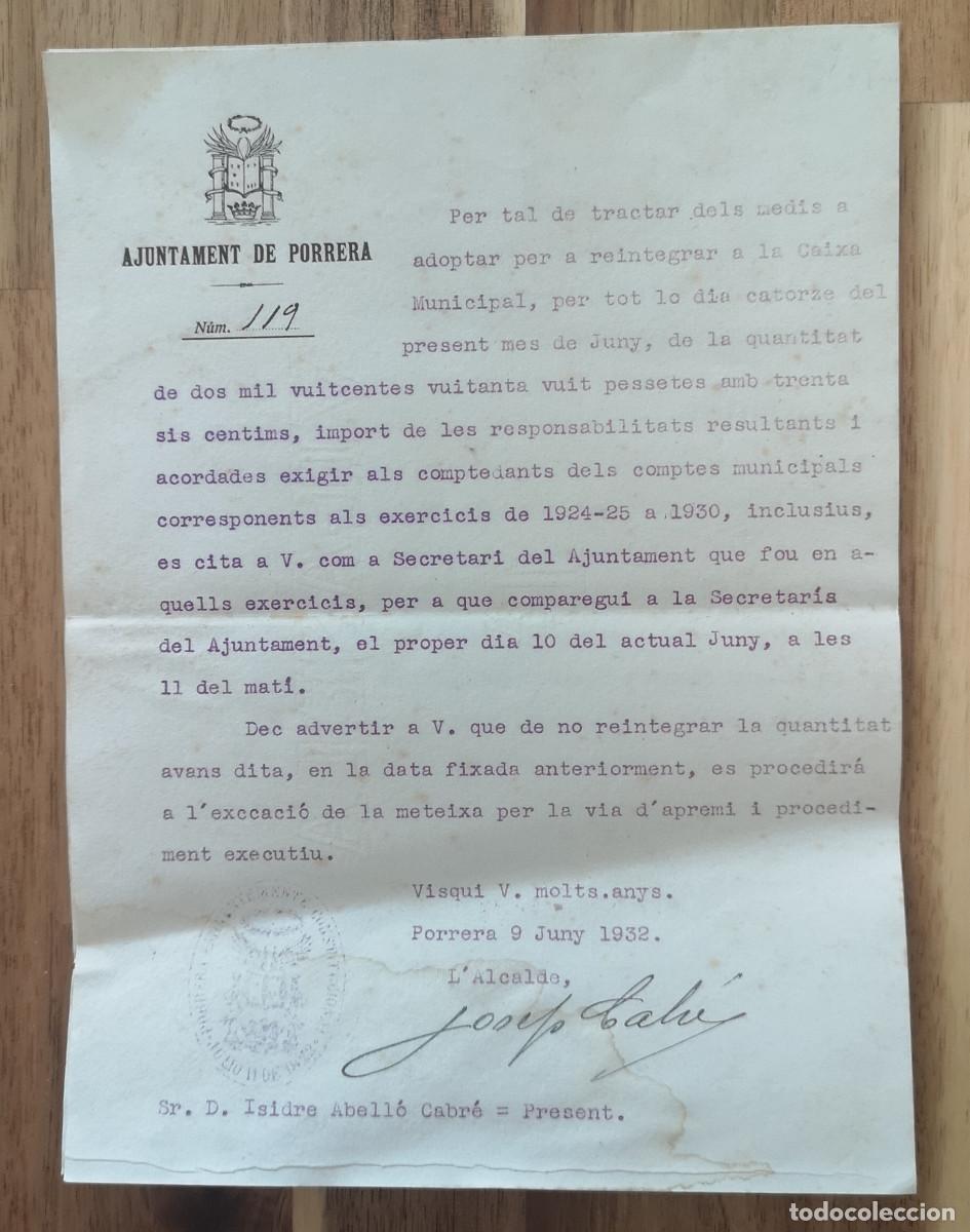 Documentos antiguos: AJUNTAMENT DE PORRERA ( Tarragona ) 1932 - Reintegrament a Caixa municipal exercicis 1924-25 a 1930