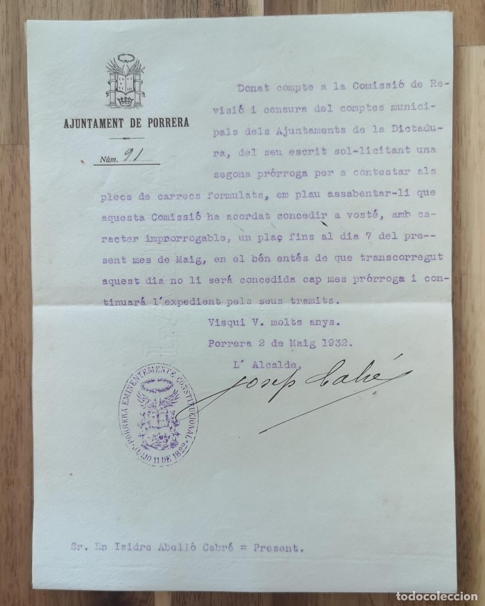 Documentos antiguos: AJUNTAMENT DE PORRERA ( Tarragona ) 1932 - Proroga Reintegrament a Caixa municipal comptes Dictadura