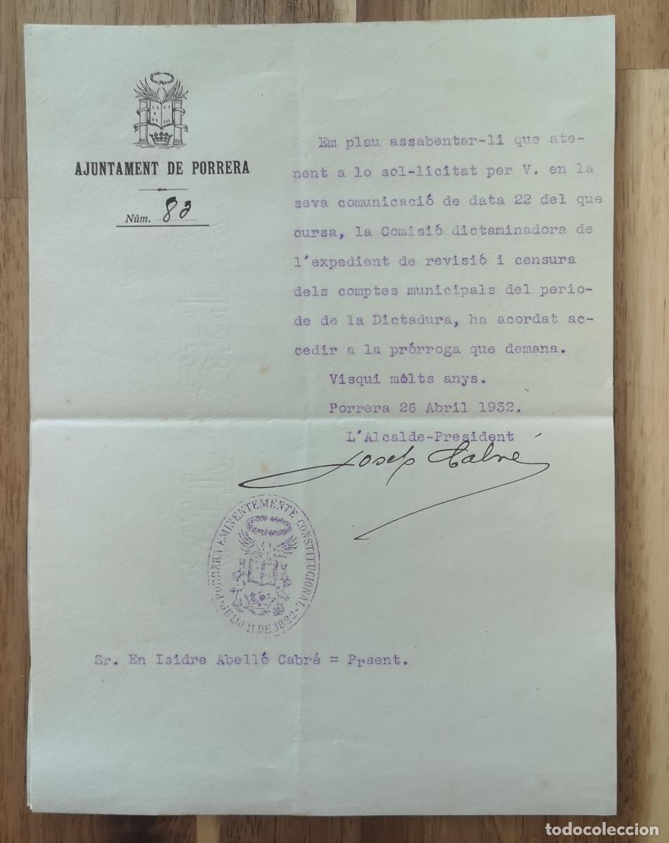 Documentos antiguos: AJUNTAMENT DE PORRERA ( Tarragona ) 1932 - Proroga Reintegrament a Caixa municipal comptes Dictadura