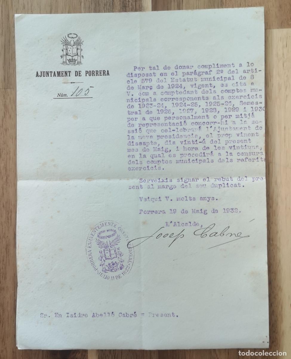 Documentos antiguos: AJUNTAMENT DE PORRERA ( Tarragona ) 1932 - Sessi&oacute; de censura dels comptes municipals