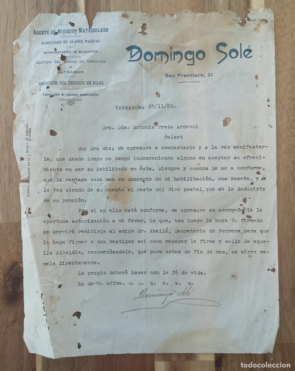 Documentos antiguos: DOMINGO SOL&Eacute; - Agente de negocios matriculado - TARRAGONA 1923
