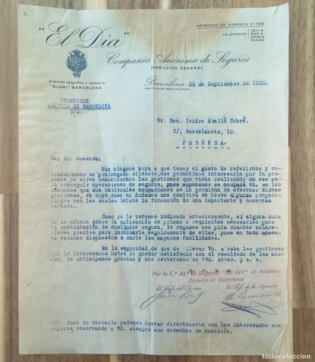 Documentos antiguos: EL DIA - Compa&ntilde;ia An&oacute;nima de Seguros - BARCELONA 1923 - Incendios