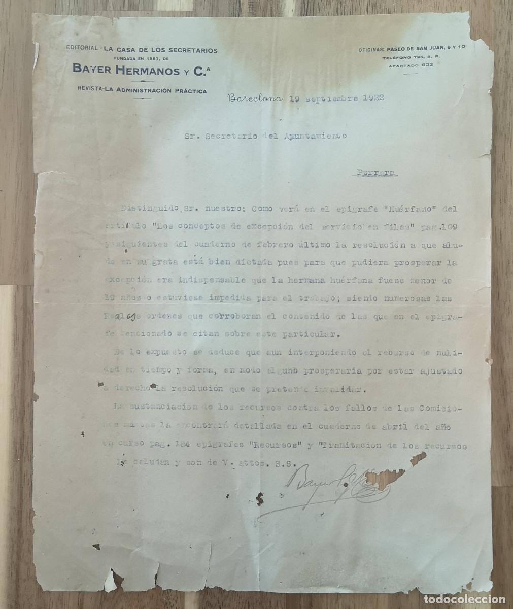 Documentos antiguos: BAYER HERMANOS y C.a La Casa de los Secretarios - 1922 - Carta al ayuntamiento de Porrera