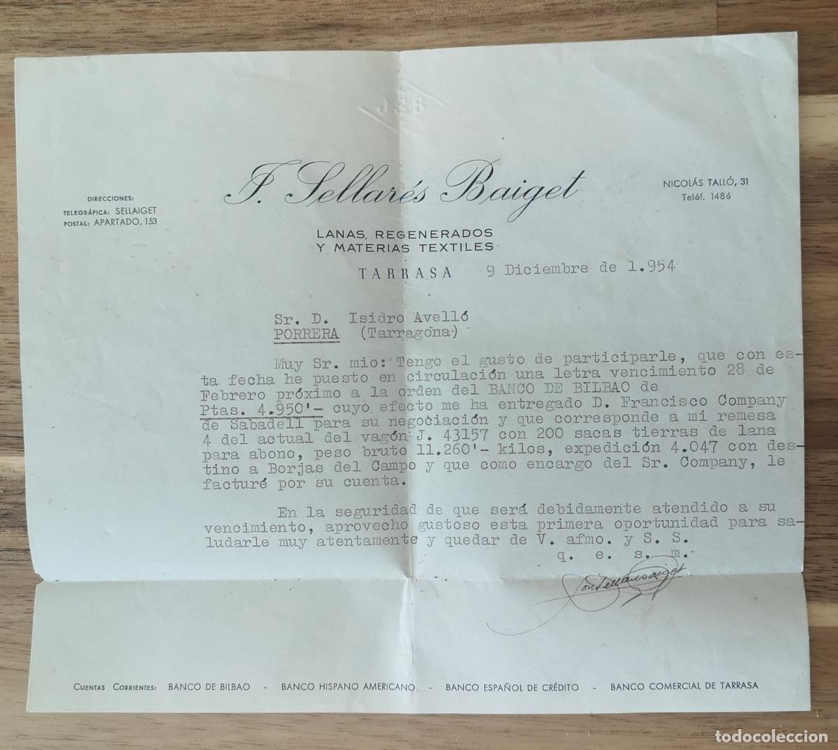 Documentos antiguos: J. SELLAR&Eacute;S BAIGET TARRASA 1954 - Carta ayuntamiento de Porrera (Tarragona)